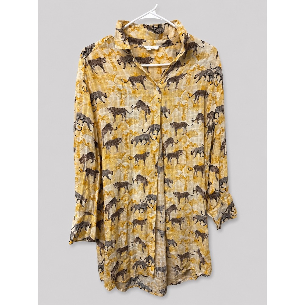 Safari Leopard Print Oversized Tunic Boho Resort Button Down Blouse Women Small